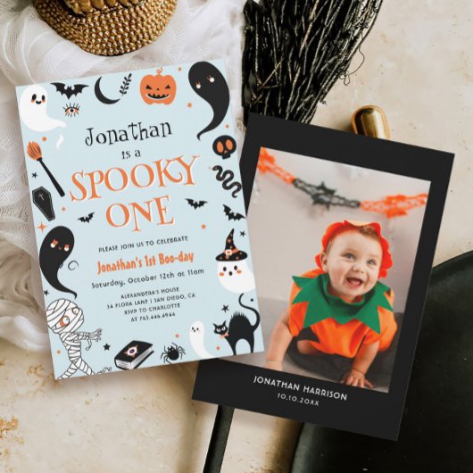 Blue Boy Photo Halloween Spooky One 1st Birthday Kaart