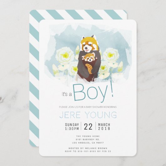 Blue Boy 'Red Panda' Baby shower Invitation Kaart (Voorkant / Achterkant)