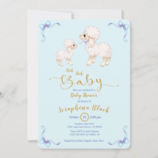 Blue Boy Ribbon Lamb Baby shower Uitnodiging (Voorkant)