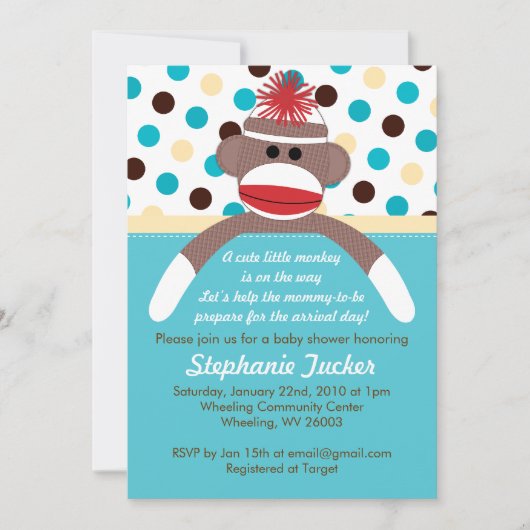 Blue Boy Sock Monkey Baby shower Uitnodiging (Voorkant)