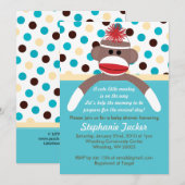 Blue Boy Sock Monkey Baby shower Uitnodiging (Voorkant / Achterkant)