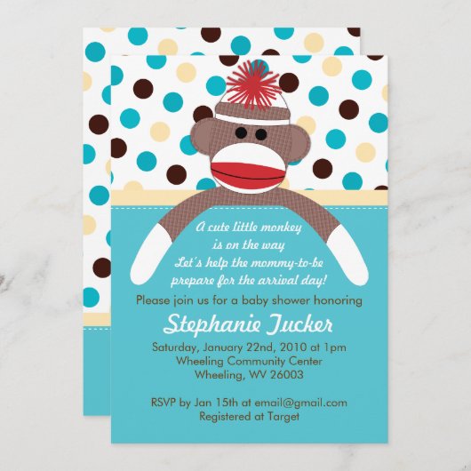 Blue Boy Sock Monkey Baby shower Uitnodiging (Voorkant / Achterkant)