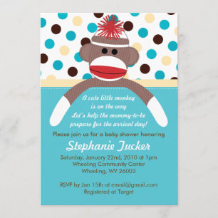 Blue Boy Sock Monkey Baby shower Uitnodiging