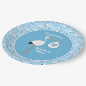 Blue Boy Stork Baby shower Papieren Bordje (Gekanteld)