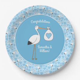 Blue Boy Stork Baby shower Papieren Bordje