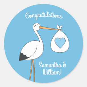 Blue Boy Stork Baby shower Ronde Sticker