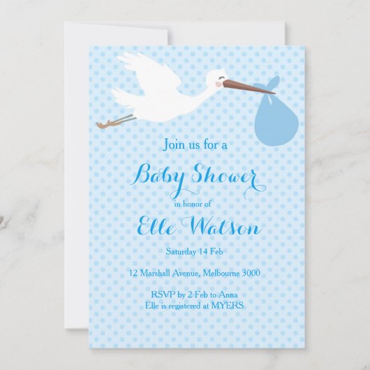 Blue Boy Stork Baby shower Uitnodiging (Voorkant)