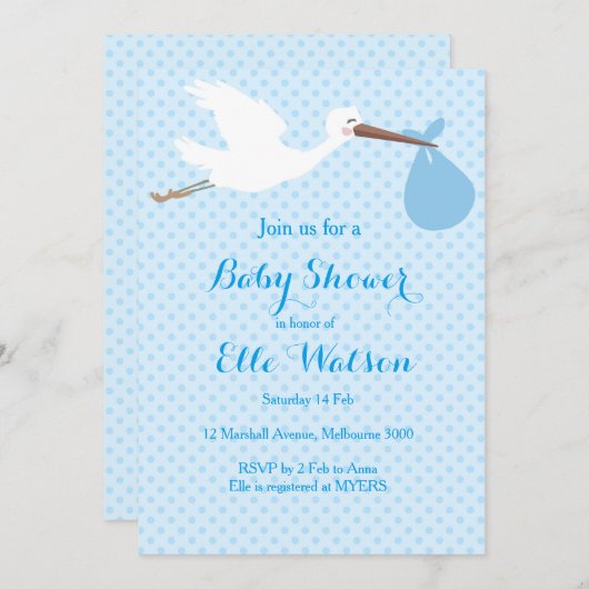 Blue Boy Stork Baby shower Uitnodiging (Voorkant / Achterkant)