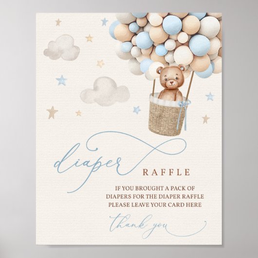 Blue Boy Teddy Bear Baby shower Diaper Raffle Sign Poster (Voorkant)