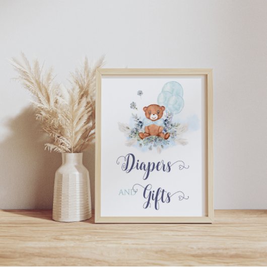 Blue Boy Teddy Bear Baby shower Diapers & Gift Poster