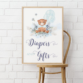 Blue Boy Teddy Bear Baby shower Diapers & Gift Poster