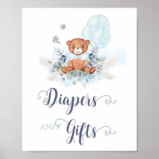 Blue Boy Teddy Bear Baby shower Diapers & Gift Poster (Voorkant)