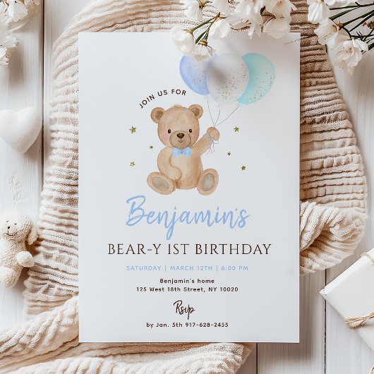 Blue Boy Teddy Bear Balloon First Birthday Kaart
