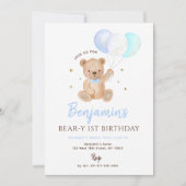 Blue Boy Teddy Bear Balloon First Birthday Kaart (Voorkant)