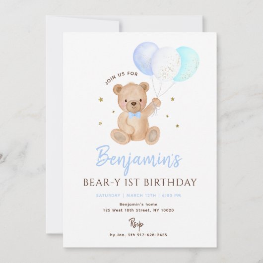 Blue Boy Teddy Bear Balloon First Birthday Kaart (Voorkant)