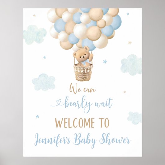 Blue Boy Teddy Bear Balloons Baby shower Welkom Poster (Voorkant)