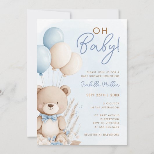Blue Boy Teddy Bear Boho Baby shower Kaart (Voorkant)