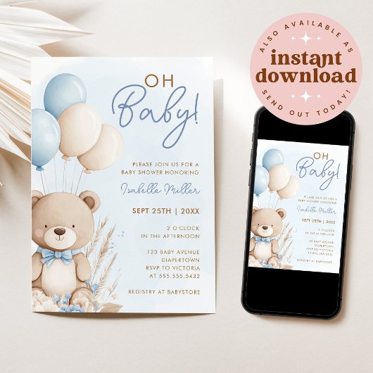 Blue Boy Teddy Bear Boho Baby shower Kaart