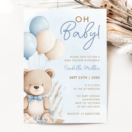 Blue Boy Teddy Bear Boho Baby shower Kaart