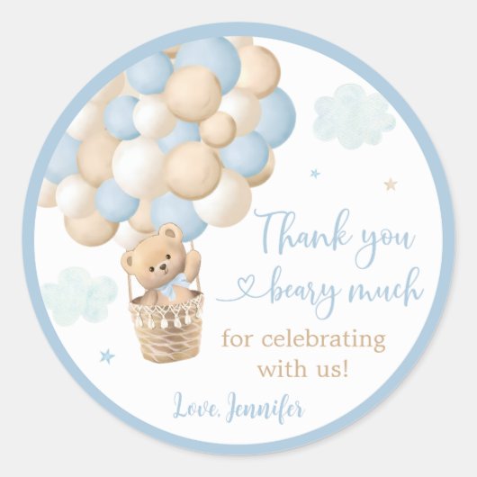 Blue Boy Teddy Bear Hete Luchtballon Baby shower Ronde Sticker (Voorkant)