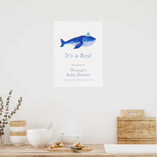 Blue Boy Under The Zee Whale Baby shower Welkom Poster (Keuken)