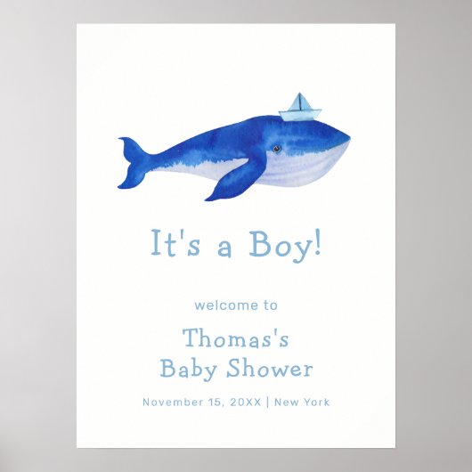 Blue Boy Under The Zee Whale Baby shower Welkom Poster (Voorkant)