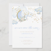 Blue Boy We Are Over the Moon Baby shower Invite Kaart (Voorkant)