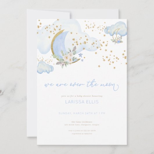 Blue Boy We Are Over the Moon Baby shower Invite Kaart (Voorkant)