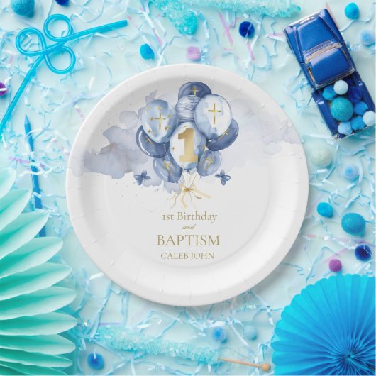 Blue Boys 1e verjaardag en doop Papieren Bordje (Feest)