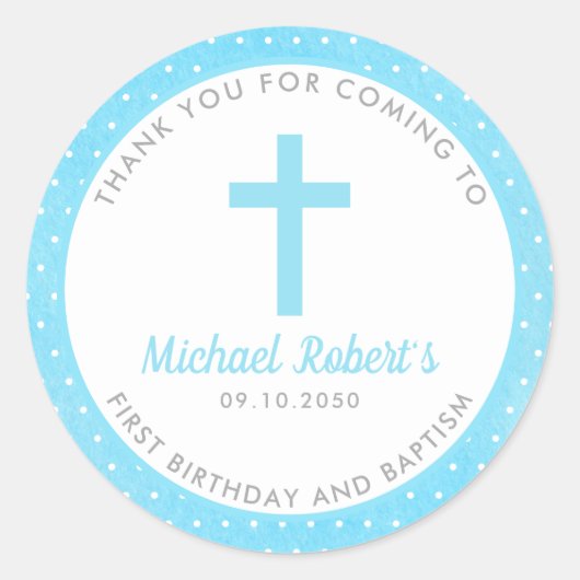Blue Boys Baptism Christening Favor Dank je Ronde Sticker (Voorkant)