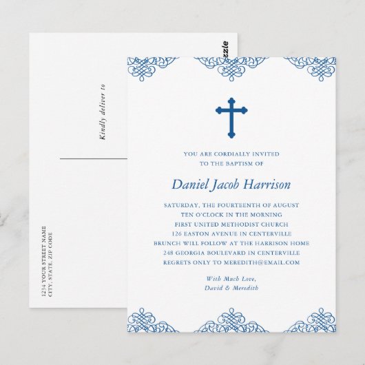 Blue Boys Baptism/Christening Uitnodiging (Voorkant / Achterkant)