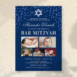 Blue Boys Bar Mitzvah Foto Kaart<br><div class="desc">Aangepaste bar mitzvah uitnodigingen met een stijlvolle blauwe achtergrond,  glitter,  ster van david symbool,  5 afbeeldingen van uw kind,  en een mitzvah partijsjabloon voor u om aan te passen.</div>