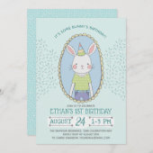 Blue Boys Bunny Verjaardagsfeestje Kaart (Voorkant / Achterkant)