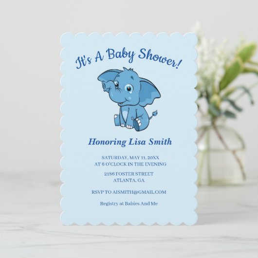 Blue Boy's Elephant Baby shower Kaart (Staand voorkant)