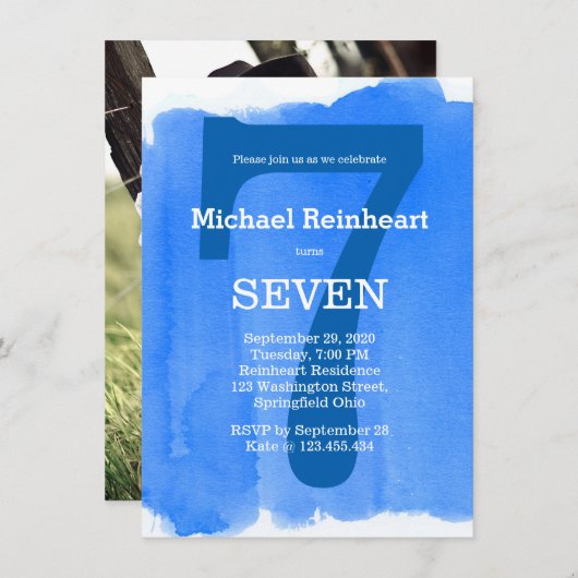 Blue Boy's Kind verjaardagsfeest Waterverf Effect Kaart (Voorkant / Achterkant)