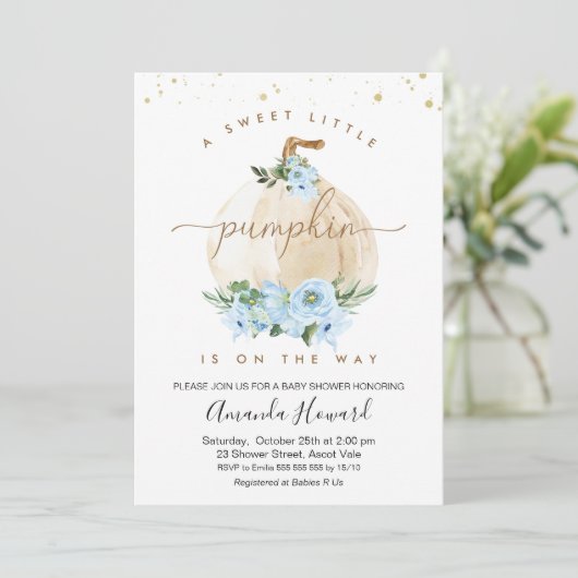 Blue Boys Little Pumpkin Bloemen Baby Shower Kaart (Staand voorkant)