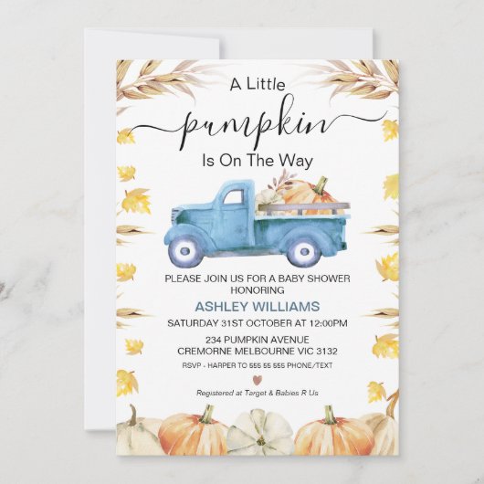 Blue Boy's Little Pumpkin Truck Baby shower Kaart (Voorkant)