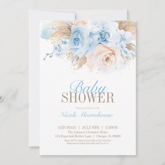 Blue Boys Pampas Grass Baby shower Invitation Kaart (Voorkant)