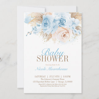 Blue Boys Pampas Grass Baby shower Invitation Kaart