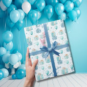 Blue Boys Waterverf Kids Verjaardagsfeestje Leuk Cadeaupapier