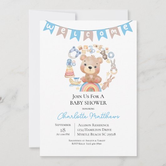 Blue Boys Welkom  Speelgoed Rustiek Baby shower Kaart (Voorkant)