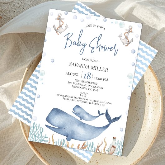 Blue Boys Whale Calf Baby shower Kaart