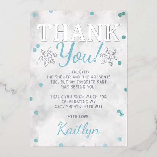 Blue Boy's Winter Kerstmis Baby shower Dank u Folie Uitnodiging (Voorkant)
