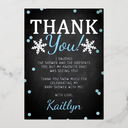 Blue Boy's Winter Kerstmis Baby shower Dank u Folie Uitnodiging (Voorkant)