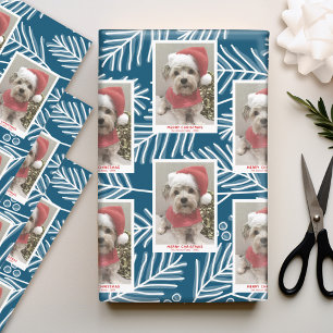 Blue Branches Merry Calligraphy Photo white type Inpakpapier Vel