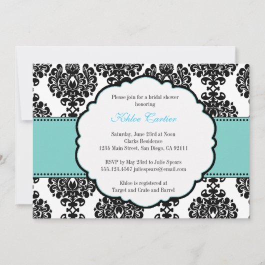 Blue Bridal Shower Invitations Damask Kaart (Voorkant)