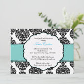 Blue Bridal Shower Invitations Damask Kaart (Staand voorkant)