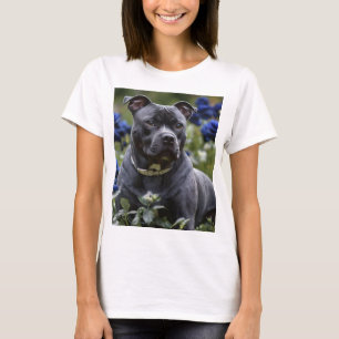 "Blue Brindle Beauty: Een Staffy Met Blauwe Rozen T-shirt