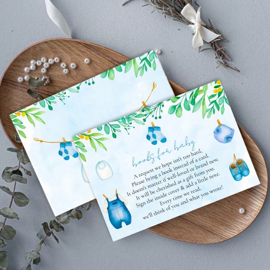 Blue Bring a Book Baby Shower Boy Request Informatiekaartje