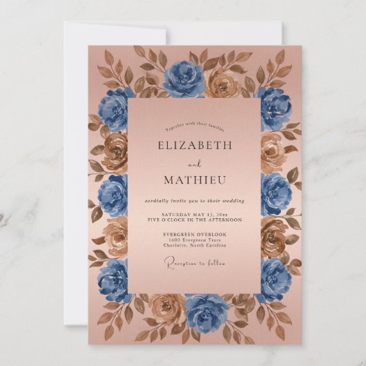 Blue Bronze Floral Romantic Wedding Kaart (Voorkant)